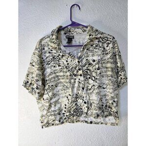 Hot Topic Shirt Womens Medium Music Notes Print Short Sleeve Button Up Rayon